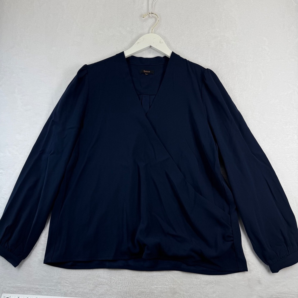 Quince Womens Fluid Crepe Surplice Longโ Sleeve Blouse Textured Navy XL LB114618